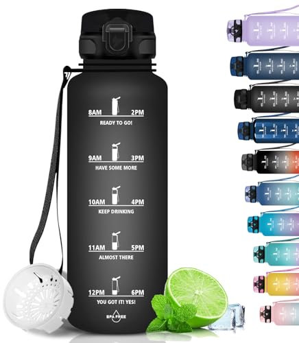 Grsta Trinkflasche 1.5 L - Trinkflasche Sport, BPA Frei, Trinkflasche Kohlensäure Geeignet, Auslaufsicher, Wasserflasche mit Filter und Zeitmarkierung für Gym, Fitness, Camping und Schule