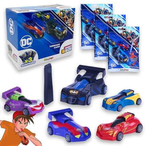 #sbabam Funny Box DC Tornado Cars, Kinderautos mit DC-Charakteren, 3 Stück, Spiele für Kinder vom Kiosk - Batman-Maschine, Joker, Superman Kinder