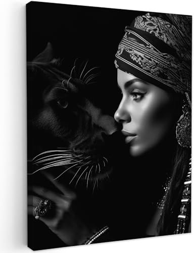 MuchoWow© Impression sur Toile Peinture 60x80 cm Tableau Mural Decoration Salon Reproductions de Tableaux Murale Moderne Femme - Panthère - Animaux - Noir et blanc - Portrait