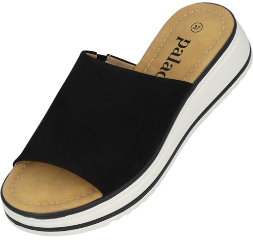 Palado Sandalen Damen Rhat – bequeme Hausschuhe mit Plateau-Sohle - modische Pantoletten - elegante Sommerschuhe Schwarz UK8 - EU41