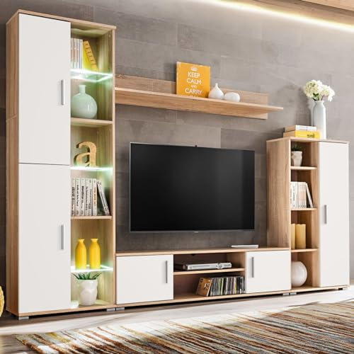 ShGaxin TV-Wohnwand mit Leuchten, Wohnwand Wohnzimmer, Wohnzimmer Möbel, Wohnzimmerschrank, Wohnzimmerwand, Anbauwand, Sonoma Eiche und Weiß