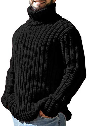 Runcati Rollkragenpullover Herren Strickpullover Zopfmuster Herbst Winter Grobstrick Einfarbig Pulli Sweater, Schwarz, XL