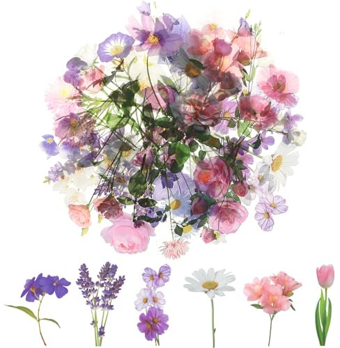 120 Transparente Scrapbooking Aufkleber, PET Blumen Aufkleber Pflanzen Sticker, Flower Stickers, Blumenaufkleber für Scrapbook Fotoalbum Sammelalbum Laptops Handwerk(Helle)