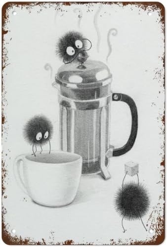 Coffee Tea Sprites Breakfast Nook Soot Sprite French Press Studio Ghibli Wal Retro nostalgisches Metallschild aus Aluminium Wand-Zitat für Wohnzimmer, Badezimmer, Fitnessstudio, Geschenk für Freunde,