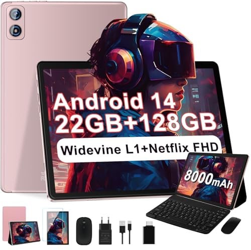 2025 Neuest Android 14 Tablet 10 Zoll, 22(6+16)GB RAM+128GB ROM/TF 2TB, 8000mAh Akku, 8-Cores CPU, Face ID, Widevine L1, WLAN 6, GPS, BT5.0, 5MP+8MP, Tablet mit Tastatur+Maus, Metallkörper GOLD