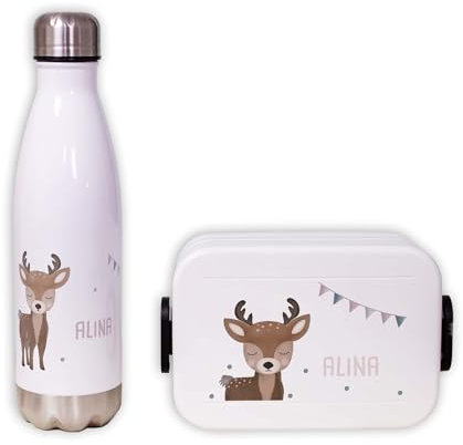 hellomini Mepal Lunch Set | Personalisiert | Mepal Brotdose Kinder & Trinkflasche 500ml | Personalisierte Brotdose & Trinkflasche Edelstahl | Geschenk zur Einschulung (Reh Girlande, Box pink)