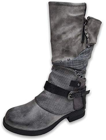 Damen Biker Boots Stiefel gefüttert - Stiefeletten mit Blockabsatz - Used Look Herbst Winter Frauen Schuhe Schnallen - ST205 -Grau ST082 – Größe 40
