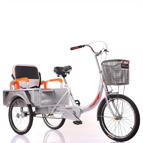 MegLob 2 in 1 Adult Tricycle Bike, 20IN Carbon Steel 3 Wheeled Cruise Trike Bike with Dual Brakes, Three-Wheeled Bicycles Cruise Trike with Adjustable Rear Seat, Single Speed 3 Wheel Bikes,Silver