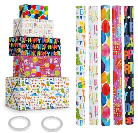 (5 rouleaux) Papier cadeau anniversaire – 43 cm x 300 cm, papier cadeau enfant, papier cadeau garcon, rouleau papier cadeau recyclable, pour toutes les fêtes d'anniversaire et occasions spéciales.