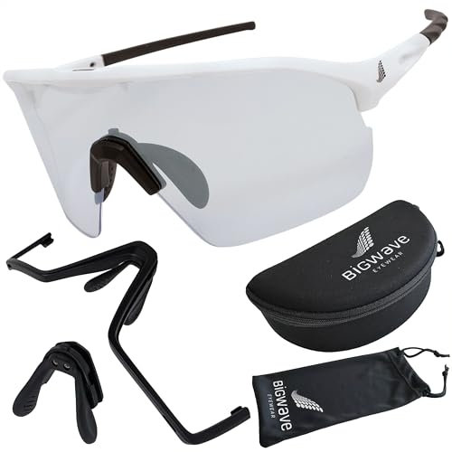 BIGWAVE 906 Sportbrille Schnelle Brille Fahrradbrille Sonnenbrille für Damen und Herren UV400 mit klaren Gläsern im Shield-Design. Anti-Beschlags-Beschichtung (weiss/klare Gläser)