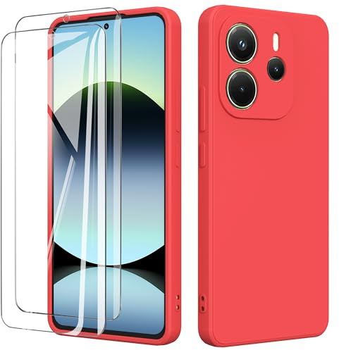 binandteam Funda para Xiaomi Redmi Note 14 4G con 2 Protector de Pantalla,Ultra Slim Protectora Carcasa de Silicona Líquida TPU Anti-Choque Suave Case Cover - Rojo