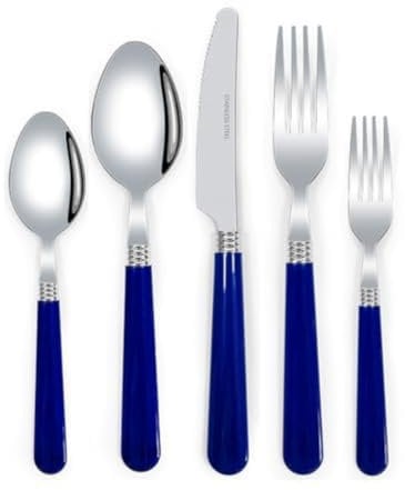 Thickened Plastic Handle Kitchen Stainless Steel Silverware Tableware Flatware Cutlery Set Steak Knife Fork Spoon Tea Spoon (Blue,5 Pieces)