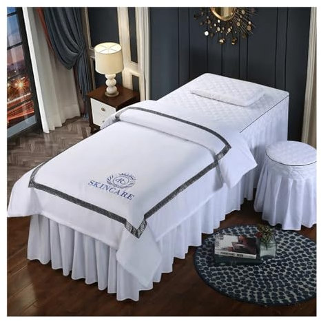 UYFRD Sabanas Lot de 4 housses de lit pour salon de beauté avec jupon, taie d'oreiller, tabouret, housse de couette Blanc 190 x 80 cm