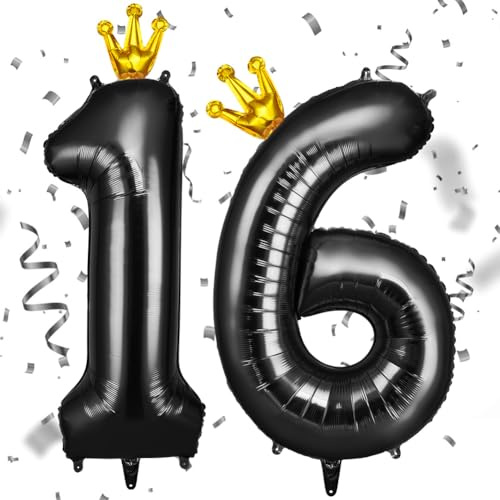 AOOSU Zahlen Luftballon Schwarz Folienballon 16, 40 Zoll Helium Ballons Geburtstagsdeko Mädchen Junge Kindergeburtstag Party Deko Ballon Zahl mit Krone für Männer Frauen Geburtstagsparty Deko