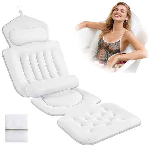 Cnwinu Badewannenkissen Ganzkörper, Badewannenmatte mit Kissen und Lendenwirbelstütze, mit Saugnäpfebad Anti-Rutsch und Hängehaken, Schnelltrocknend, Badekissen für Badewanne, 133x40cm
