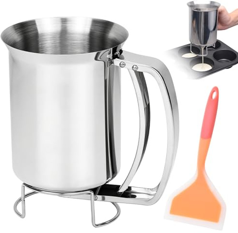 Porzionatore per pasta in acciaio inox, con manico per schiacciare pancake, dosatore per impasto, per frittelle, muffin e biscotti con spatola da 900 ml