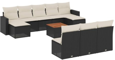 HETFTJN 11-TLG. Outdoor Sitzgruppe Schwarz Poly-Rattan Gartensofa Garnitur Lounge Eckbank Akazienholztisch 55x55x37 cm UV-beständige Balkonmöbel für Terrasse Garten oder Wohnzimmer