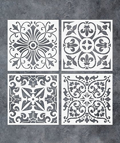GSS Designs Pack of 4 Stencils Set 6x6 Inch Tile Stencil Painting On Floor Tiles Wall Fabric Wood Furniture Stencils (SL-018)