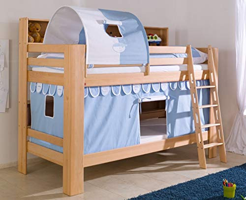 Froschkönig24 Etagenbett JAN Kinderbett Spielbett Bett mit Bücherregal Buche Boy Blau/Weiß, Matratzen Oben/unten:ohne