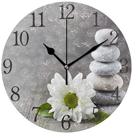 Mnsruu Piedra Zen Y Flor Reloj De Pared Redondo, Silenciador No Ticking Pintura al óleo para Dormitorio Sala Oficina Escuela Decoración del Hogar