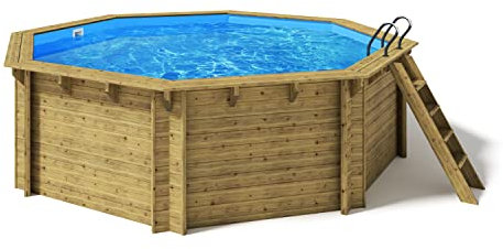 Paradies Pool® Holzpool Kalea Komplettset inkl. Filteranlage, Edelstahlleiter Tiefbecken, Blaue Folie mit 0,8mm Stärke, Achteck-Pool, 528 x 138 (Ø x H), Menge: 1 Stück