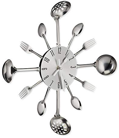 Relaxdays Pared Cubiertos, Reloj Cocina, Cuchara, Tenedor, Espumadera, Tictac, a Pilas, Ø 40 cm, Metal, Plateado, Hierro, 1 Unidad