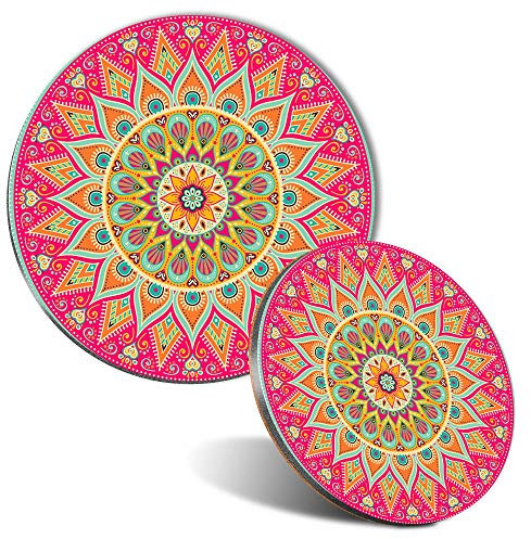 Mouse Mat & Coaster Set - Indian Mandala Boho Yoga 20 cm & 9 cm for Computer & Laptop, Office, Non-slip Base #19356