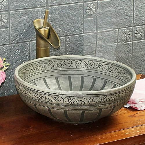Vintage Kasbah Floral Pattern Hand Made Engraved Bathroom Round Ceramic Counter Top Victorian Basin Sink Washing Bowl Craft Handmade Chinese Vessel Grey 400X150mm