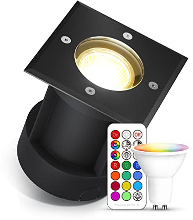 lambado® LED Bodenstrahler für Außen mit RGB Farbwechsel dimmbar inkl. Fernbedienung - Schwarz eckige Bodenleuchte/Bodeneinbaustrahler IP67 - Befahrbar & Wasserdicht
