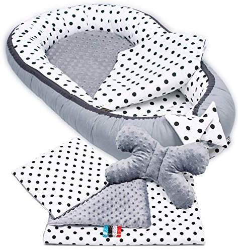 PaLulli 3-TLG Baby Ausstattung-Set Kuschelnest Babynest 95x55cm Baby-Matratze Kuscheldecke Babybett 100% Baumwolle Hypoallergisch Für 0-8 Monate (Graue Punkte)