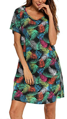 ENJOYNIGHT Chemise de Nuit Femme Manches Courtes Vêtements de Nuit Coton Imprimé Robe de Nuit