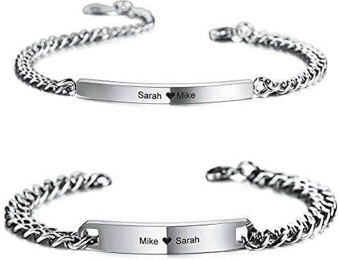 MunkiMix 2 Stück Personalisierte Paar Armbänder Set Individuelle Gravur Name für Männer Frauen Freund Freundin Edelstahl Bar Einstellbare Bordstein Link Liebe Beziehung Valentinstag (Silber Farbe)