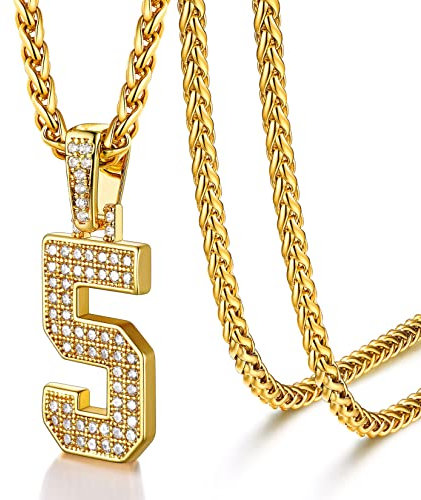 U7 Gold Kette für Herren Halskette Nummer 5 Zahlen Kette mit Ziffer Anhänger Zirkonia Kettenanhänger Glücksanhänger CZ Iced Out Pendant Necklace Halsschmuck Glückszahl Rock Modeschmuck für Bruder