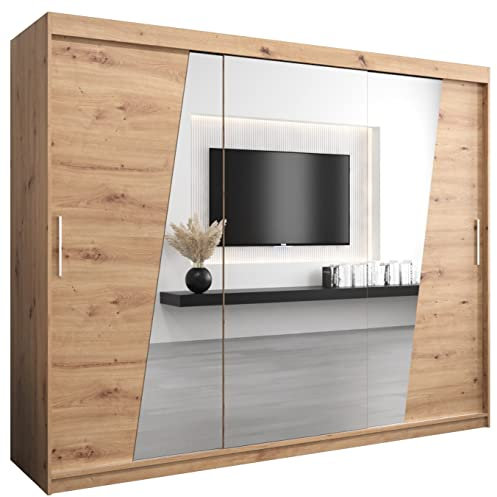 MEBLE KRYSPOL Rhomb250 Schlafzimmerschrank mit DREI Schiebetüren, Spiegel, Kleiderstange und Regalen – 250x200x62cm - Artisan
