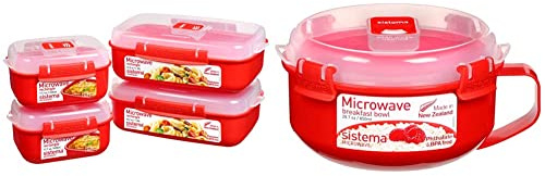 Sistema Heat and Eat Microwave Set | 4 Rectangular Food Containers with Lids (2x 1.25L + 2x 525ml) & Breakfast Bowl | Round Container | 850 ml | Red | 1 Count