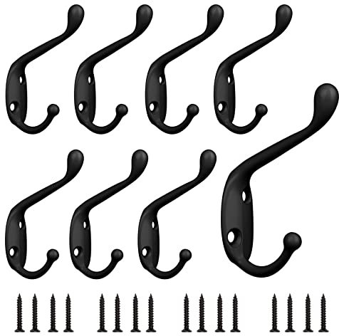 Black Coat Hooks, 8 PCS Metal Clothes Hooks Vintage Wall Hooks Heavy Duty Door Hook Wall Mounted Coat Rack Retro Hat Hook with Screws for Hanging Coat, Hat, Scarf, Robe & Bag
