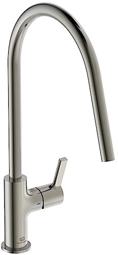 Ideal Standard – Gusto Küchenarmatur, Hoher Auslauf mit zylindrischem Querschnitt, mit FirmaFlow Kartusche, Schwenkbereich 360°, Schnellmontagesystem EasyFix+, Silver Storm