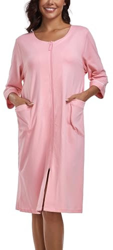 COLORFULLEAF Damen Bademantel mit Reißverschluss Leicht Morgenmantel 100% Baumwolle Hausmantel 3/4 Ärmel Nachthemd mit Taschen(Rosa,XL)