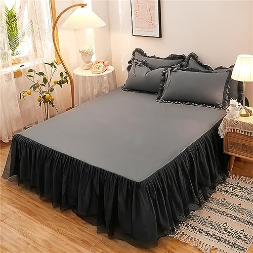 Odot Solide Farbe Bettrock Rüschen, Spannbettlaken mit Volant Elastische Bettvolants Matratzenschoner Spannbetttücher Spannbetttuch Bettlaken für Boxspringbetten (150x200cm,Dunkelgrau)