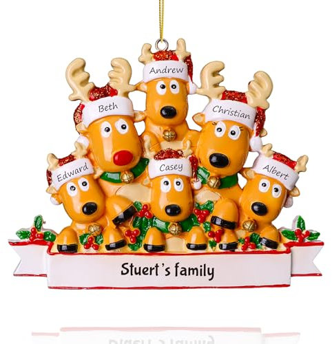 witfox Personalised Family Christmas Ornaments 2024 - Personalised Christmas Ornaments Family of 6, Custom Name Reindeer Xmas Ornaments Personalised for Family Member