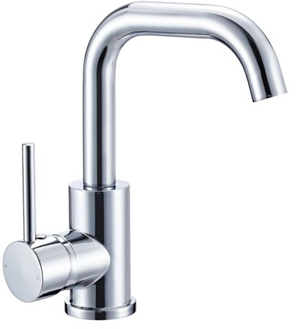Peppermint Bathroom Sink Taps 360° Swivel Basin Taps Mixer Swan Neck Bathroom Mixer Tap, Mono Single Lever Basin Mixer Tap with Universal Hot and Cold Hoses, Chrome