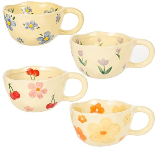MAKCNMYM Ceramic Coffee Mug Vintage Flower Mugs 8 oz Cute Floral Coffee Mugs Irregular Latte Art Cup Lead-free Porcelain Cups for Cappuccino, Cocoa (4 Pack)