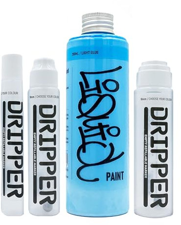 Liquid Paint & Dripper Bundle Dope, Multi Colour Refill & Multi Size Empty Mop Marker Graffiti Art Pack, Permanent 200ml Alcohol Based Paint (Light Blue)