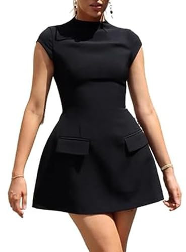 Acrawnni Frauen Flügelärmel Minikleid Mock Neck Reißverschluss Fake Taschen Slim Flare Kurzes Kleid Elegant A-Linie Kleid Party Clubwear, A-schwarz, Small