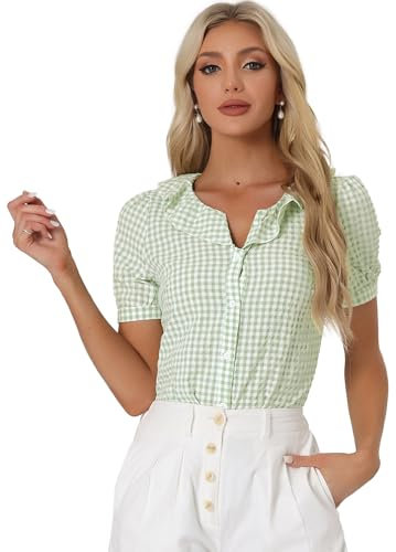 Allegra K Gingham Plaid Shirts, Plaid Top for Women, Ruffle Collar Blouse, Short Sleeve Checked Shirt Tops Light Green M