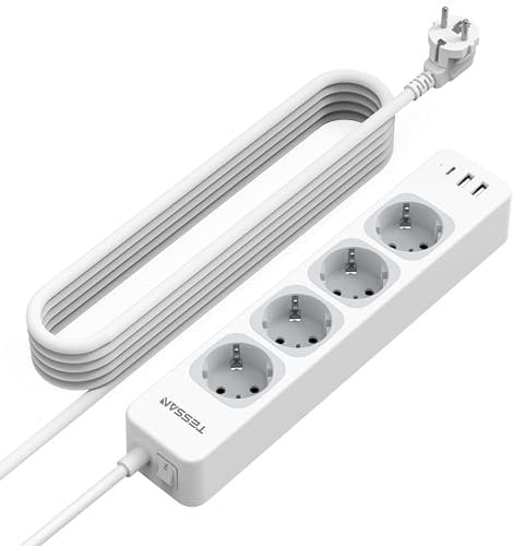 TESSAN 4 Fach Mehrfachsteckdose mit Verlängerungskabel 5M, Steckdosenleiste mit 1 USB C und 2 USB A, Mehrfachstecker mit Schalter, 3600W Verteilersteckdose Steckerleiste, Grau