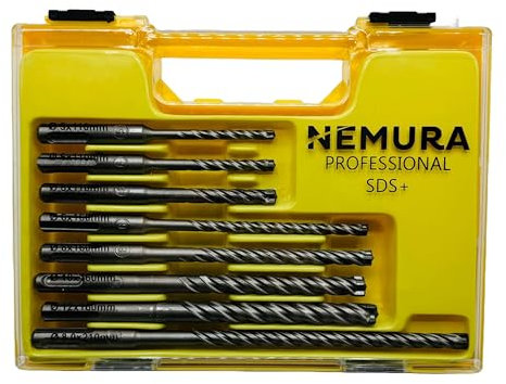 Nemura Coffret de 8 Forets SDS Plus - Pointe en carbure de Tungstène ultra renforcée pour Béton Armé - 4 taillants - Qualité Professionnelle - Boîte de Rangement - Marque Française