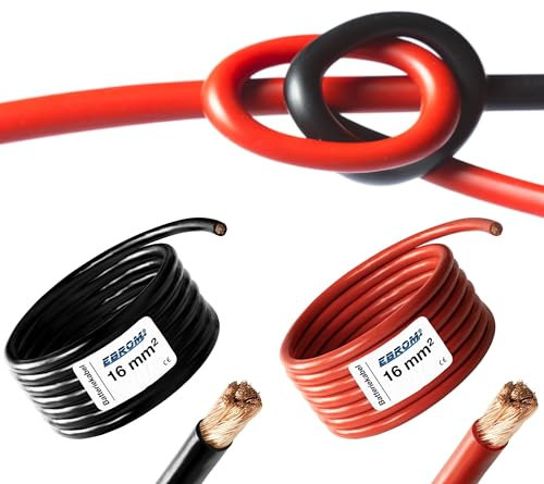 EBROM HI-FLEX - 3 Meter hochflexibles Batteriekabel - rot und schwarz - Pluskabel und Massekabel - 16mm2 | 16 mm² | 16 mm2 - Vollkupfer 99,9% OFC Kupfer Stromkabel - Ihre Länge: je 3 Meter
