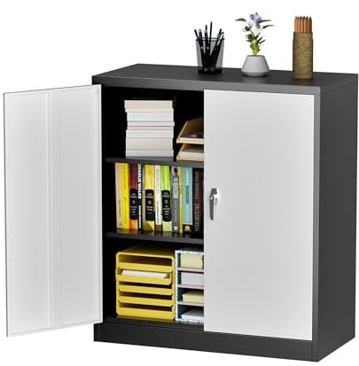 SUPEER 90cm H Aktenschrank,Metallschrank mit 2 höhenverstellbaren Fachböden,Stahlblech Pulverbeschichtung,Stahlschrank für Werkzeuge,Garage(schwarz/weiß)