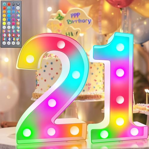 Light Up Numbers, 34 Colors Marquee Number Lights Sign Color Changing for 21st Birthday Party Decorations Girls Gifts Bedroom Decor Number 21